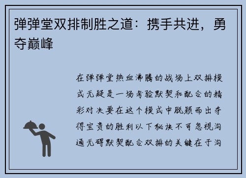 弹弹堂双排制胜之道：携手共进，勇夺巅峰
